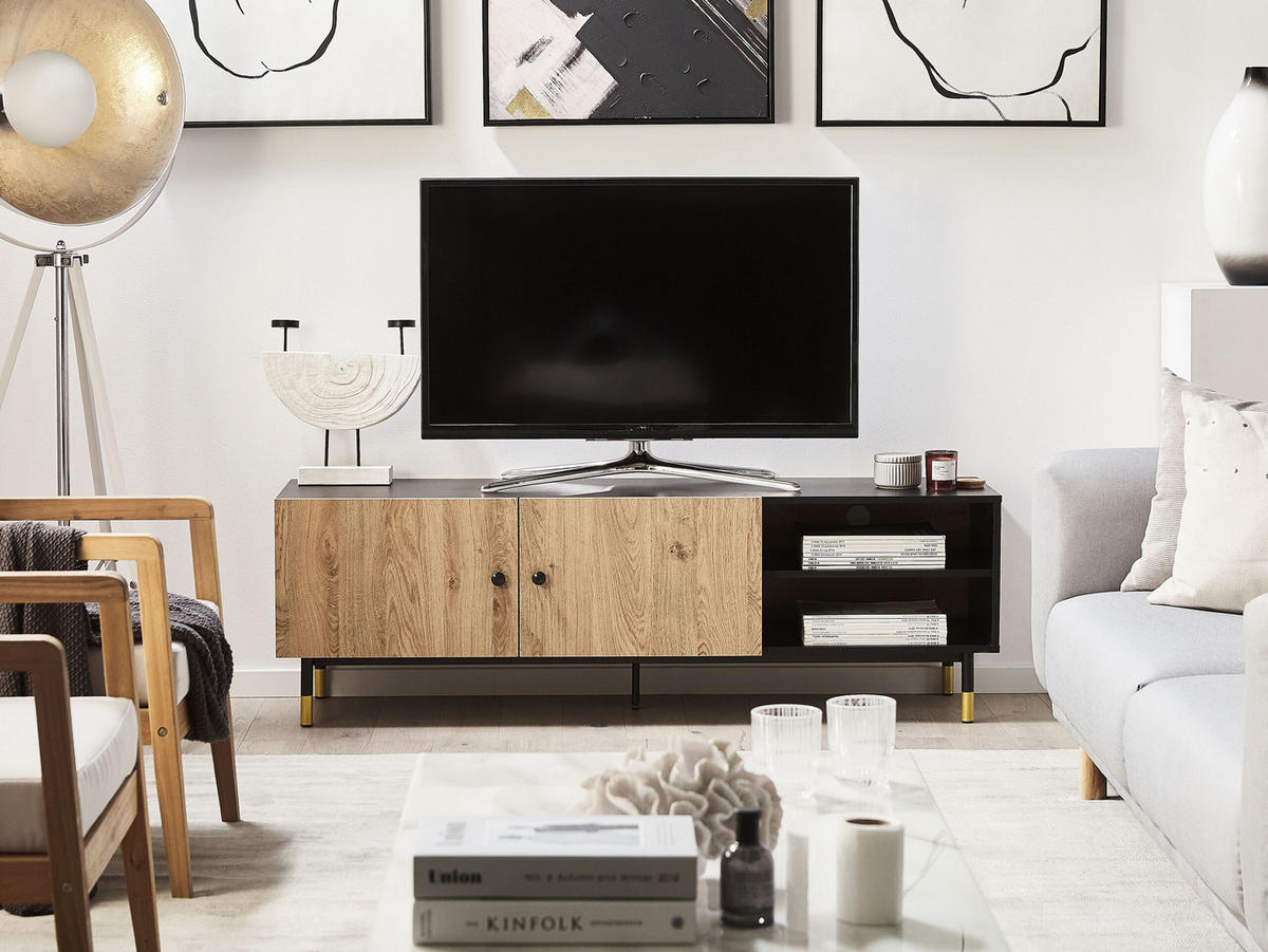 TV-MÖBEL Schwarz, Hellbraun, Gold ABILEN 40/150/48 cm - Schwarz, Holzwerkstoff (150/48/40cm) - Beliani