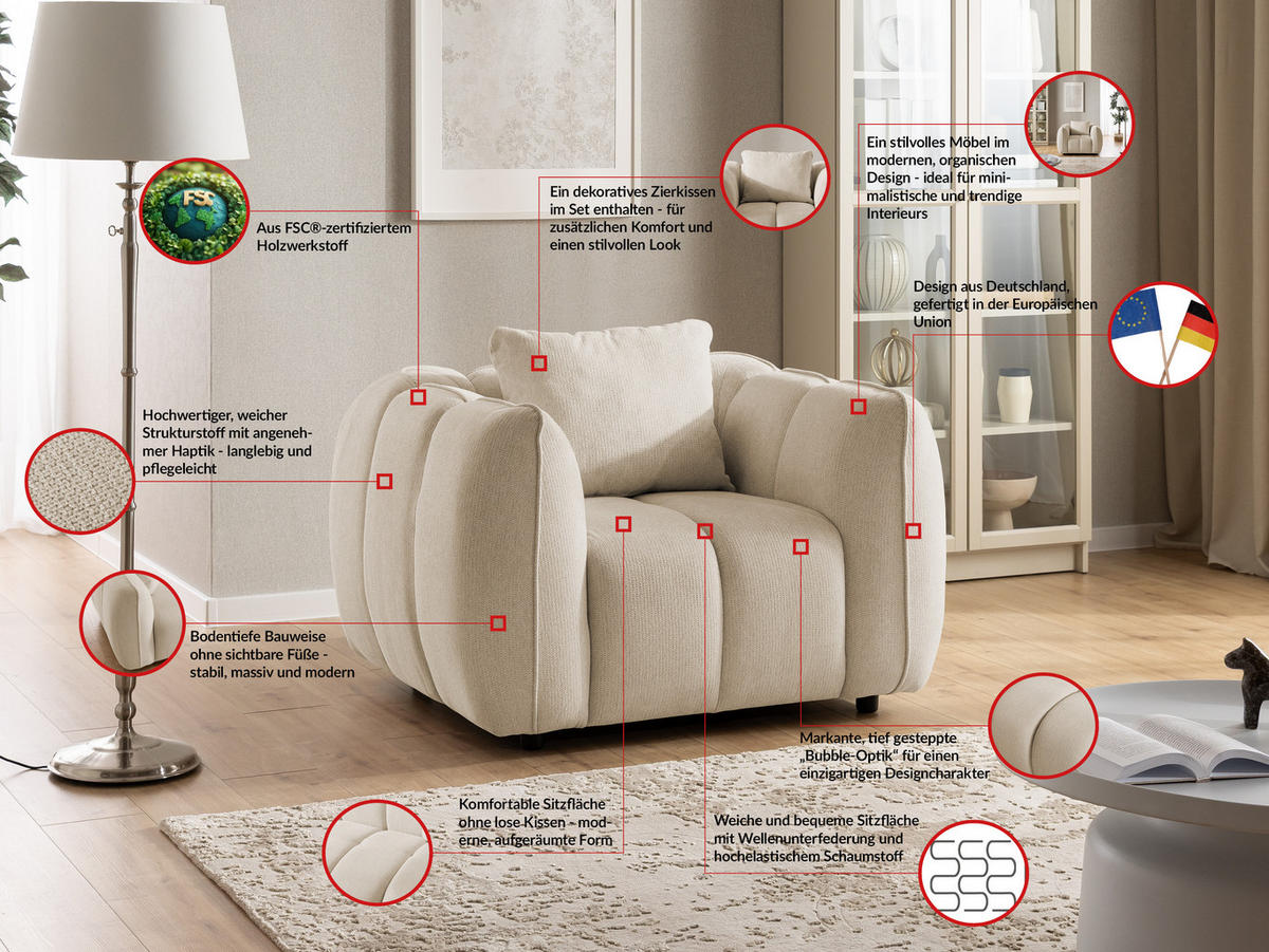 KRESLO Nubira v hlboko prešívanom dizajne Bubble z mäkkej štruktúrovanej látky vo svetlobéžovej farbe s moderným vzhľadom - čierna/béžová, drevo/textil (115/69/89cm) - S-Style
