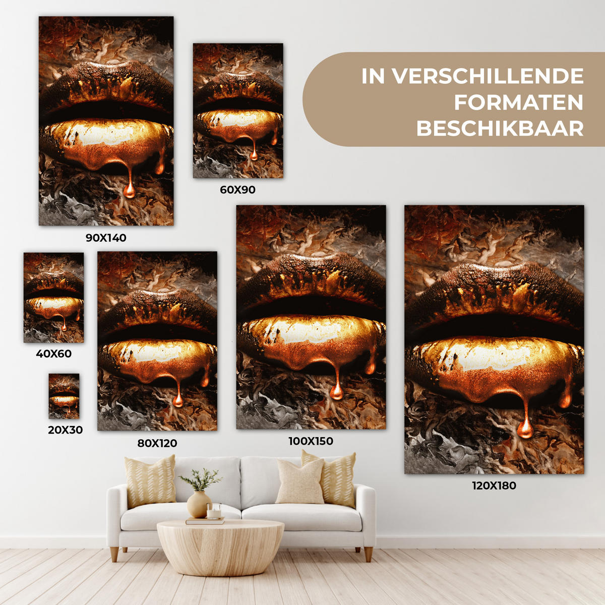 LEINWANDBILD Gold - Lippen - Kunst - Gold - Luxus - Abstrakt Wanddeko Schlafzimmer 60x90 cm - Kupferfarben, Textil (60/90cm) - MuchoWow