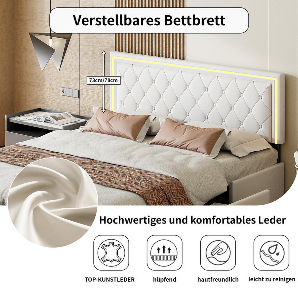 POLSTERBETT 140x200 cm, mit LED-Lichtleiste und 4 Schubladen, Lattenrost, PU, beige, ohne Matratze - Beige, Holz (140/200cm) - WoodenAura