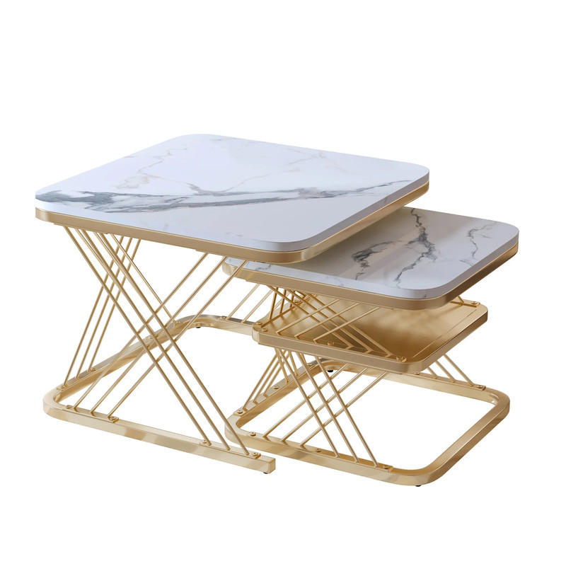 COUCHTISCH 2er Set Marmoroptik Metallgestell Schwarz Gold - Goldfarben, Holz (45/45/38cm) - Kaket