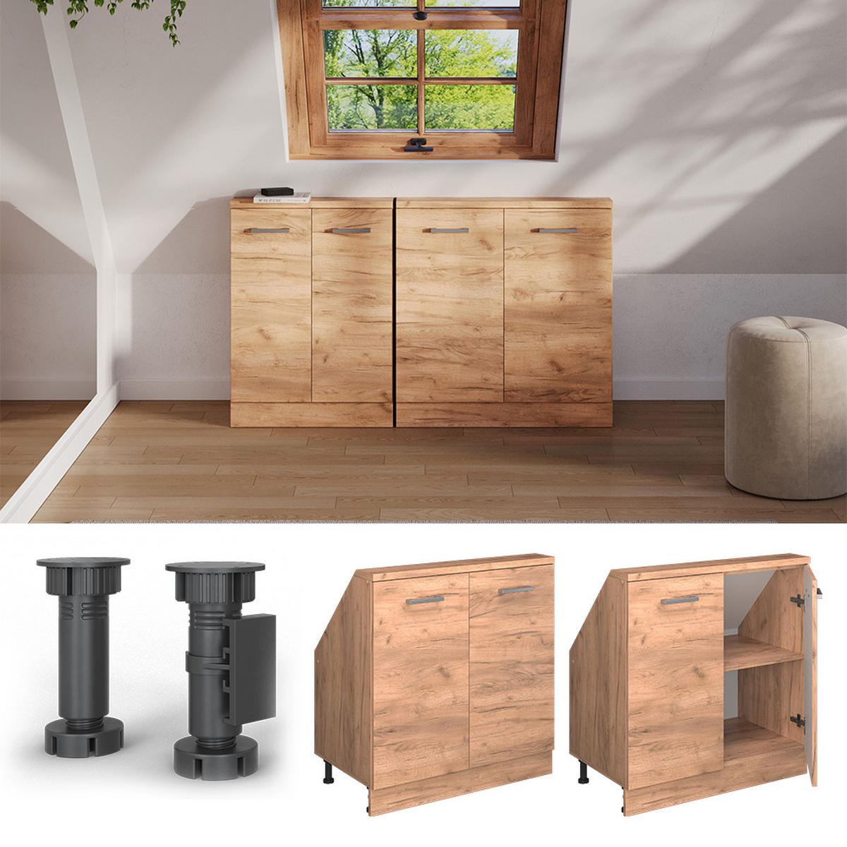 KUCHYŇSKÁ SKŘÍŇKA POD ŠIKMOU STŘECHU R-Line Zlatý mocný dub - medově dubová/dub Wotan, kompozitní dřevo (80/81.6/46cm) - Vicco