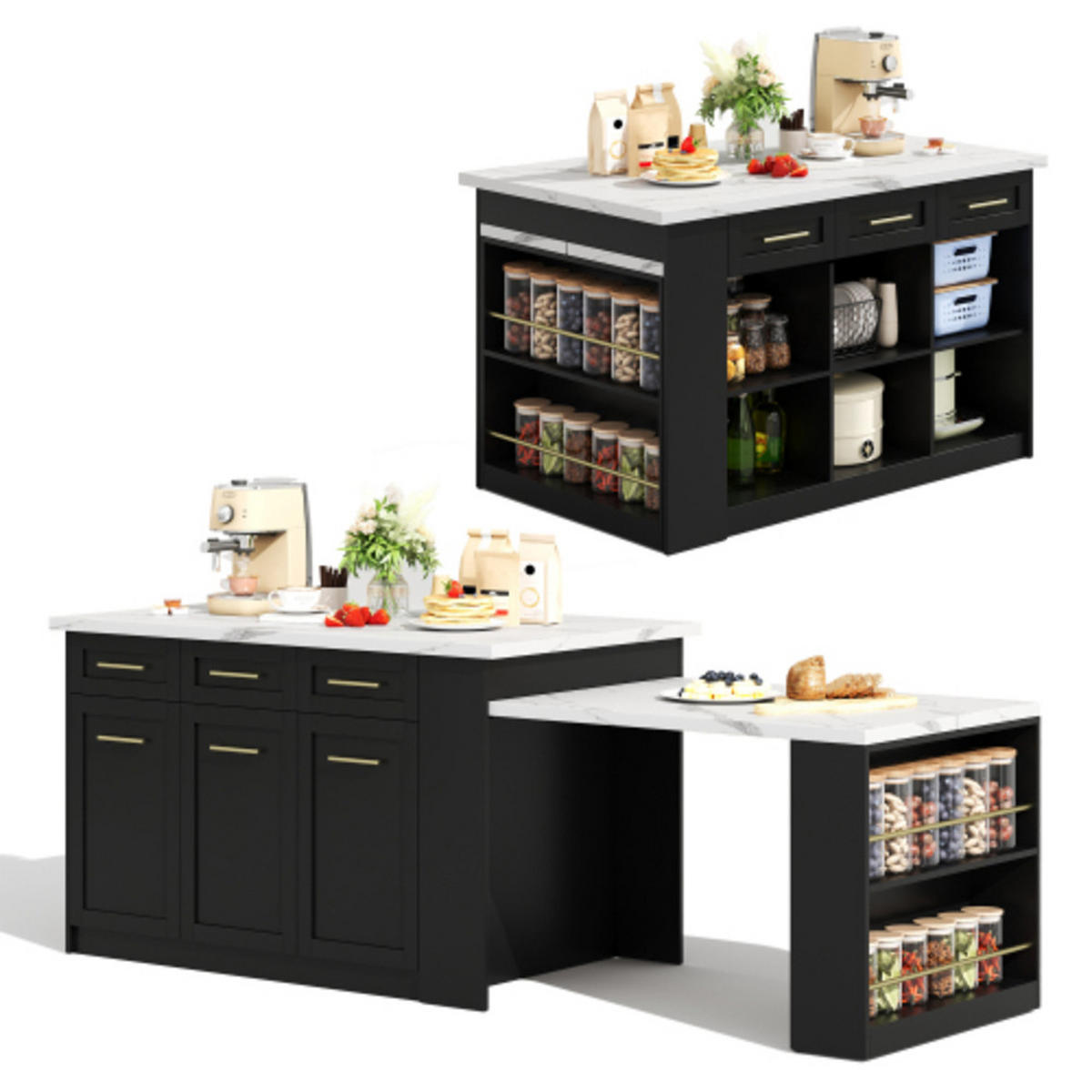 KÜCHENINSEL Schwarz-Weiß aus MDF mit integriertem ausziehbarem Esstisch 150 × 90 × 90 cm - Schwarz, Holzwerkstoff (150/90/90cm) - Luhomfu