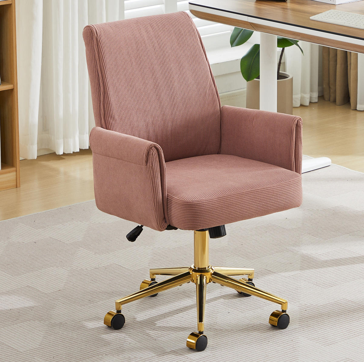 BÜRODREHSTUHL ergonomisch Cord Pink mit goldfarbener Basis - Pink, Kunststoff (61/107/64cm) - Meubliv