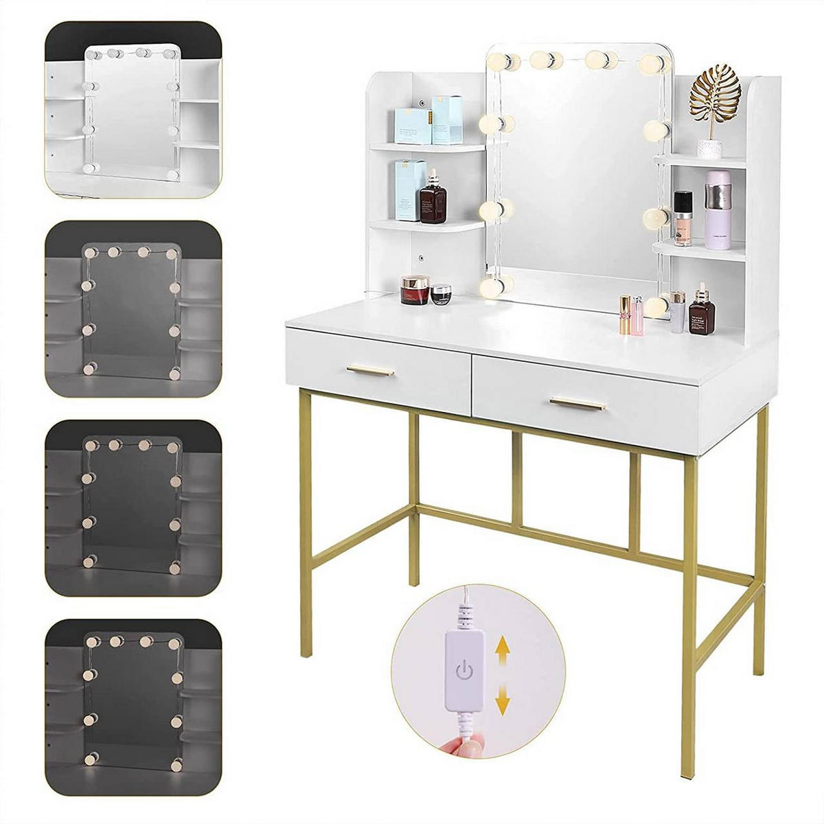SCHMINKTISCH mit Spiegel LED-Beleuchtung, Metall, Weiß Gold - Goldfarben/Weiß, Holzwerkstoff/Metall (90/136/45cm) - Woltu