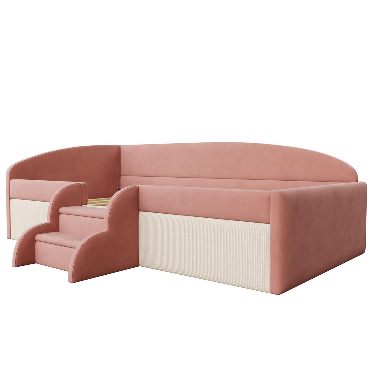 KINDERBETT aus Samt 90x190 cm Rosa+Cremeweiß mit Stufen, Schutzgittern und Lattenrost - Pink, Textil (90/190cm) - Modfu