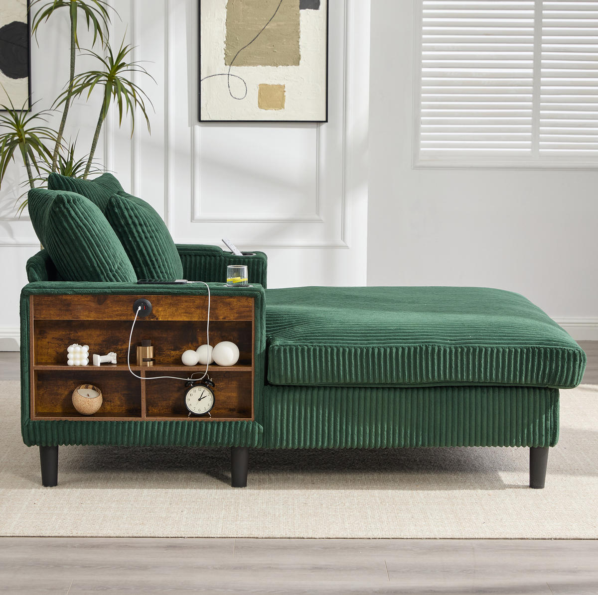 CHAISELONGUE mit LED, USB und Stauraum 129 x 170 cm Cord Emerald - Smaragdgrün, Holz (170/70/129cm) - Meubliv