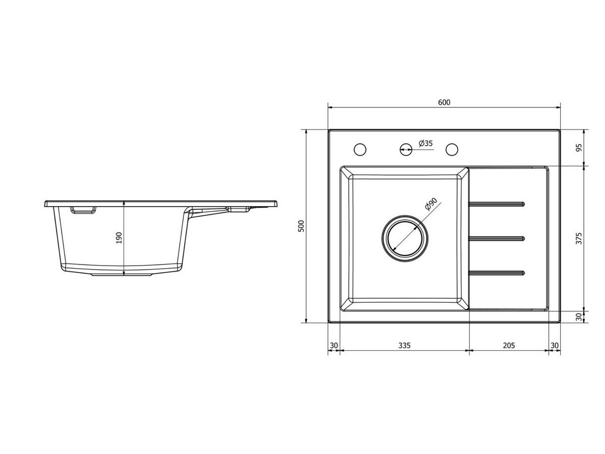 SPÜLBECKEN Amber Schwarz 5-tlg. 60/50 cm mit Abtropffläche - Schwarz, Stein (50/29/50cm) - Granitan