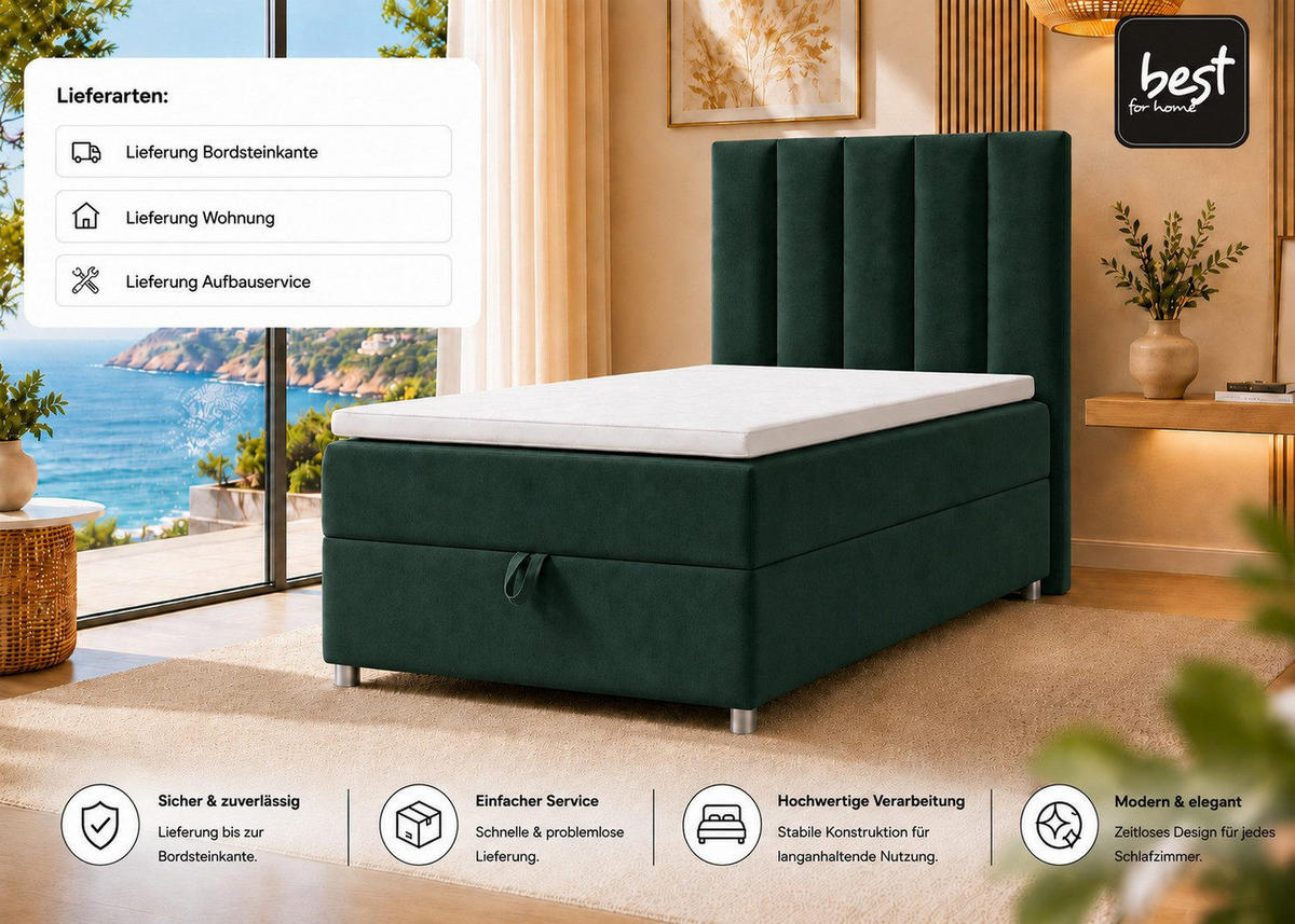 BOXBETT mit Bettkasten Trinity K-10 SINGLE Bonellfederkern inkl. Topper - Grün, Holz/Holzwerkstoff (90/200cm) - Best For Home