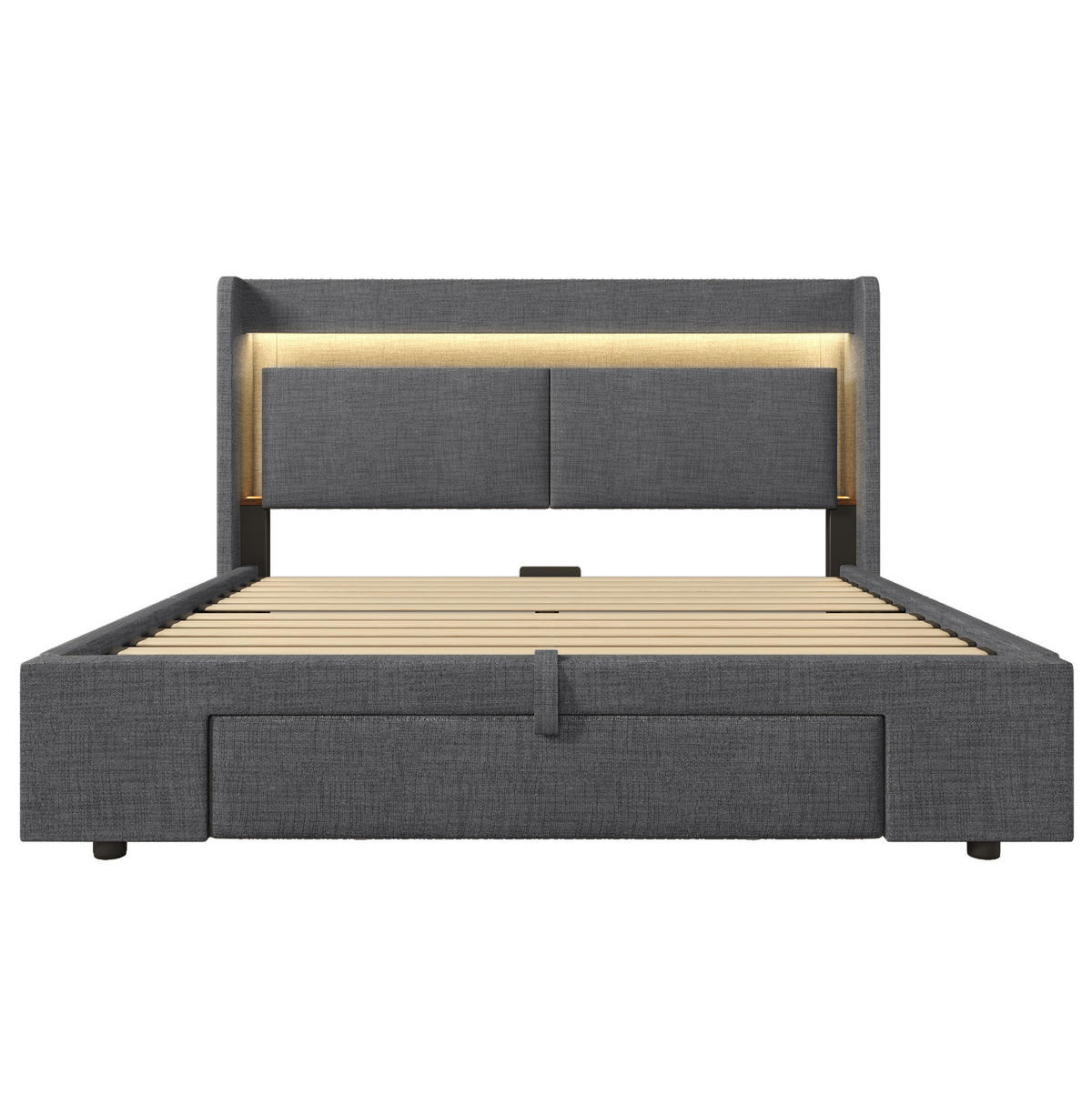 POLNJENA postelja iz lanu 160x200 cm siva s hidravličnim predalom, LED osvetlitvijo, USB in USB-C priključkom ter vzmetnico - siva, tekstil (160/200cm) - Modfu