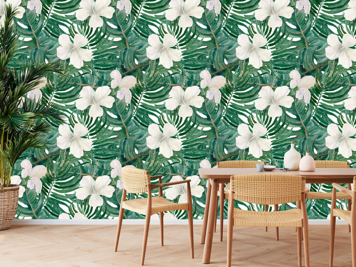 VLIESTAPETE Monstera und Hibiskusblüten – Grün, Weiß – 50x1000 cm - Weiß/Grün, Papier (50/1000cm) - Muralo