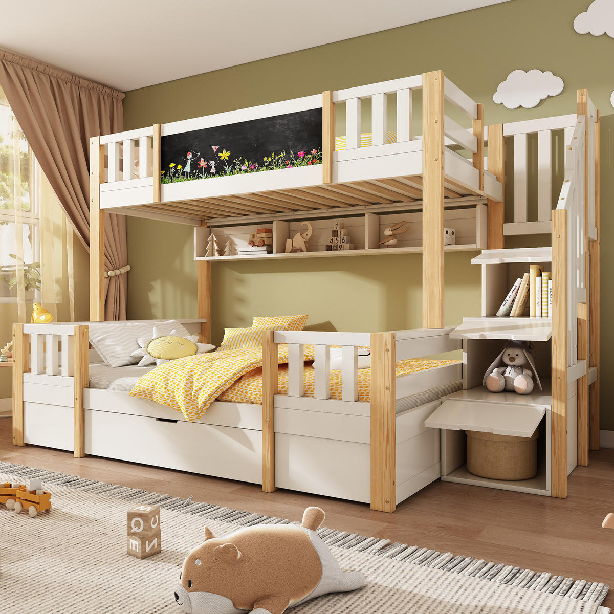 ETAGENBETT mit Stauraumtreppe 90x200/140x200 cm Weiß/Natur - Wengefarben, Metall (140/200cm) - Meubliv