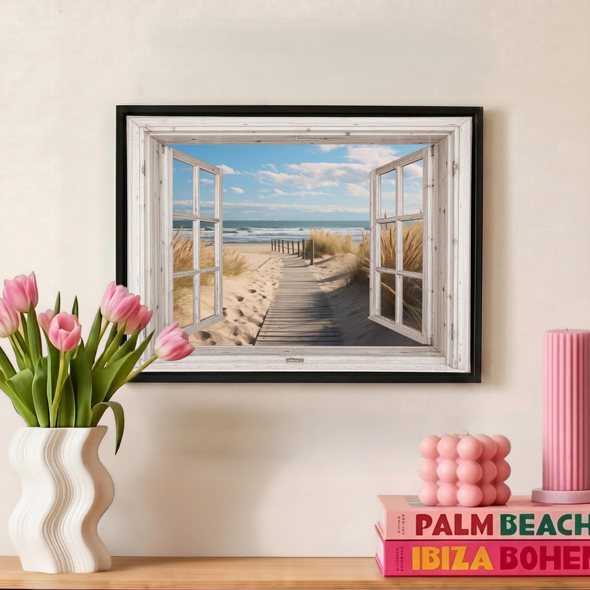 LEINWAND Bilder mit Rahmen - Fenster - Meer - Küste - Natur - Ausblick - Strand - Wattenmeer - 40x30 - Beige, Textil (40/30cm) - MuchoWow
