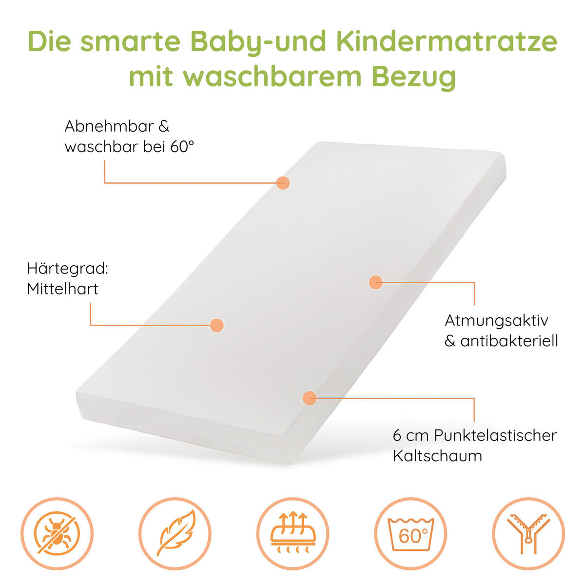 KINDERMATRATZE 60x120 cm 6cm hoch - Weiß, Naturmaterialien (60/120cm) - Kids Collective