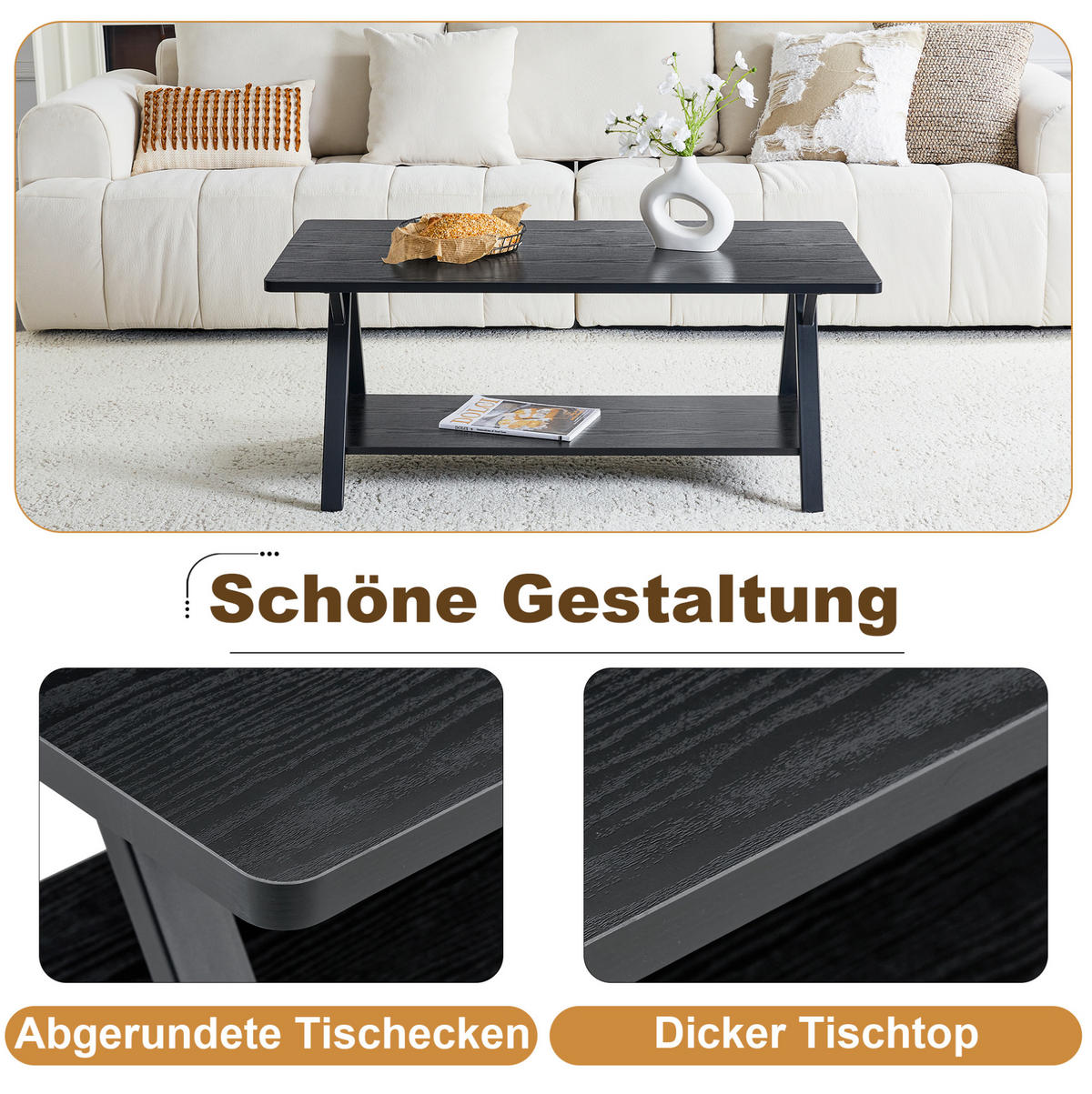 COUCHTISCH 110/57/44.5 cm schwarz aus MDF und Metall mit Stauraumregal - Schwarz, Holzwerkstoff (110/57/44.5cm) - OKMYHOME
