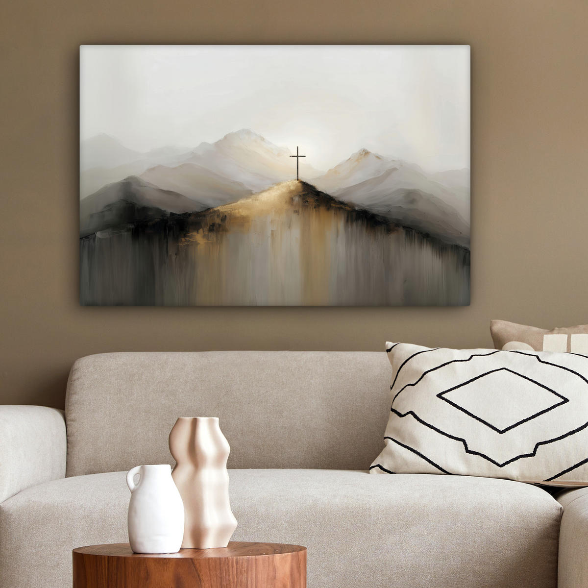 LEINWANDBILD Hügel - Abstrakt - Kreuz - Christentum Gemälde 60x40 cm - Beige, Textil (60/40cm) - MuchoWow