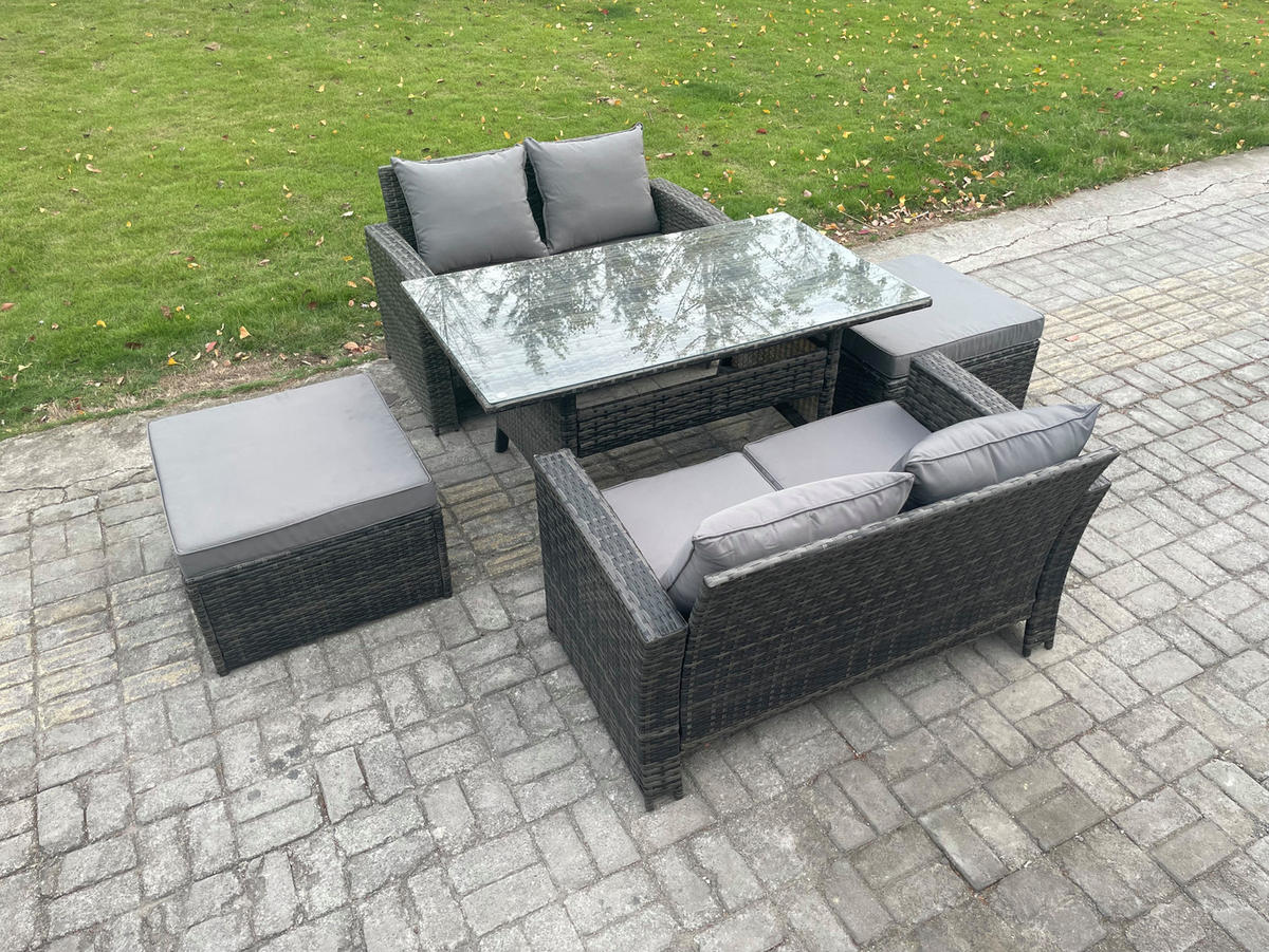 GARTENMÖBELSET mit 2-Sitzer Sofa,Fußhocker,Esstisch,2 Beistelltischen Polyrattan Dunkelgrau 6-Sitzer - Dunkelgrau/Grau, Glas/Kunststoff - Fimous