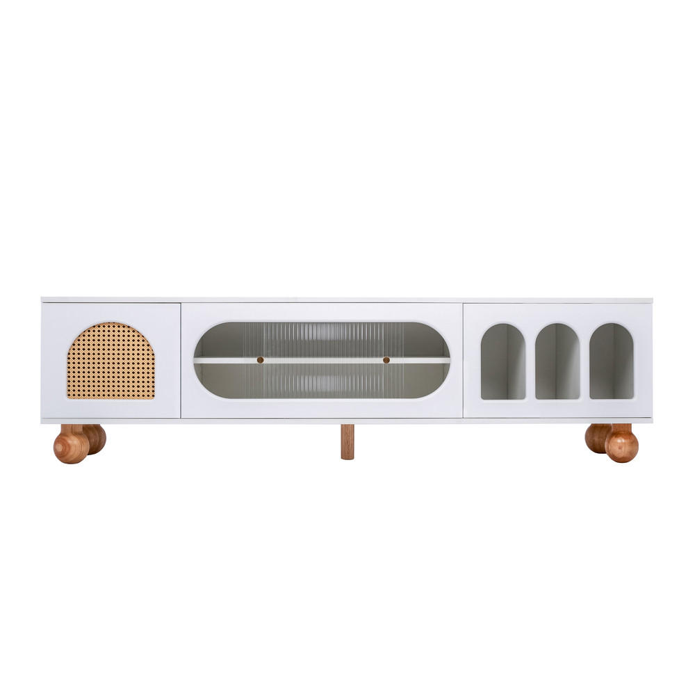 TV-SCHRANK Lowboard Weiß Rattantür Glasschiebetür goldene Griffe - Weiß, Holz (47/9/180.5cm) - FLIEKS