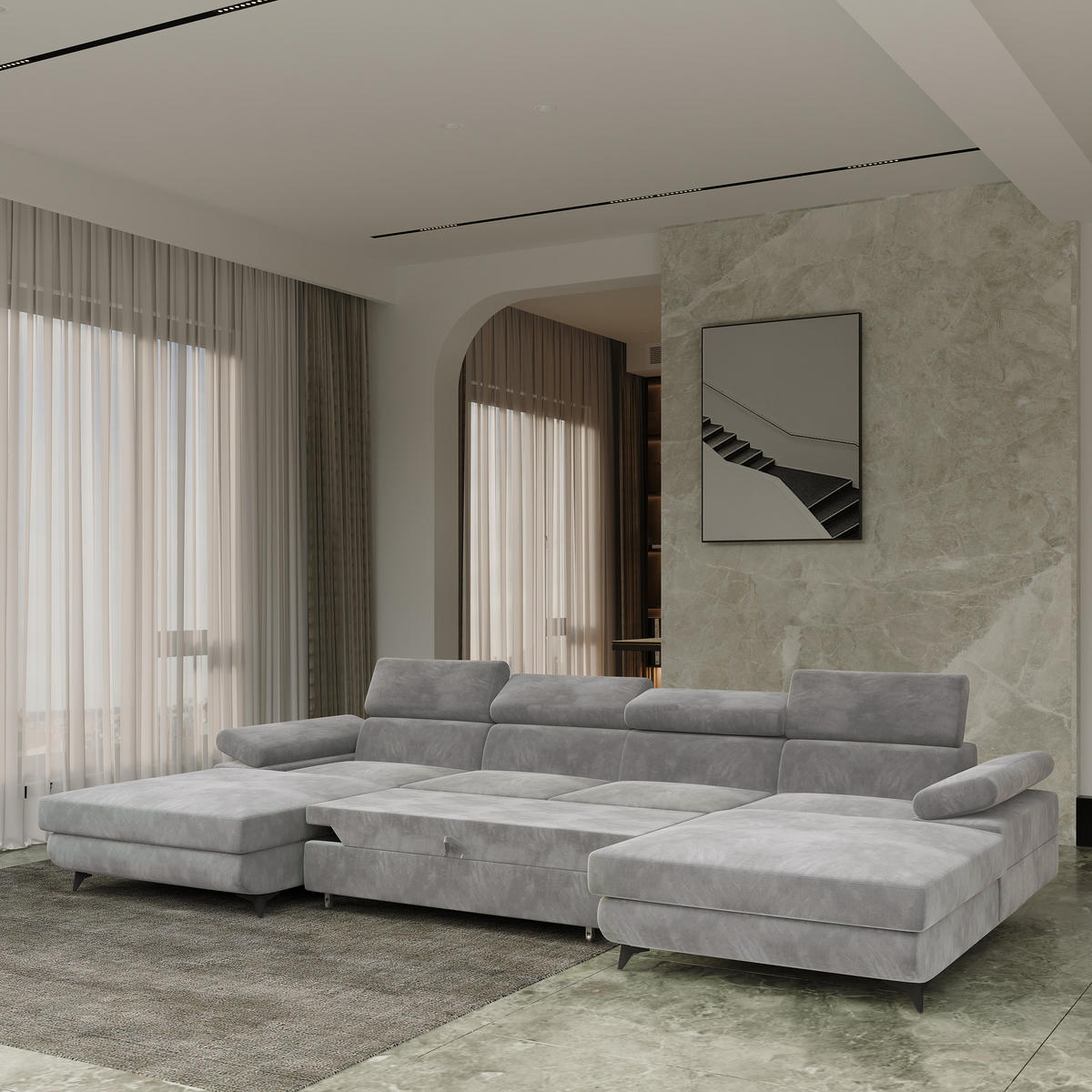 WOHNLANDSCHAFT DETTI Hellgrau Velours-Stoff mit Schlaffunktion - Hellgrau, Holz (339/89/190cm) - MASSENO