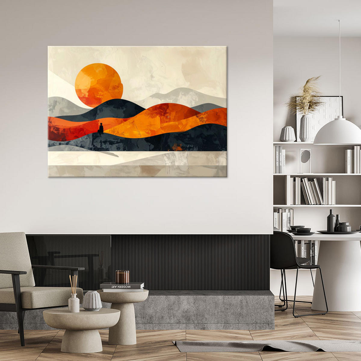 BILD auf Leinwand, Abstrakte Landschaft mit orangefarbener Sonne - Orange, Textil (120/80cm) - Feeby