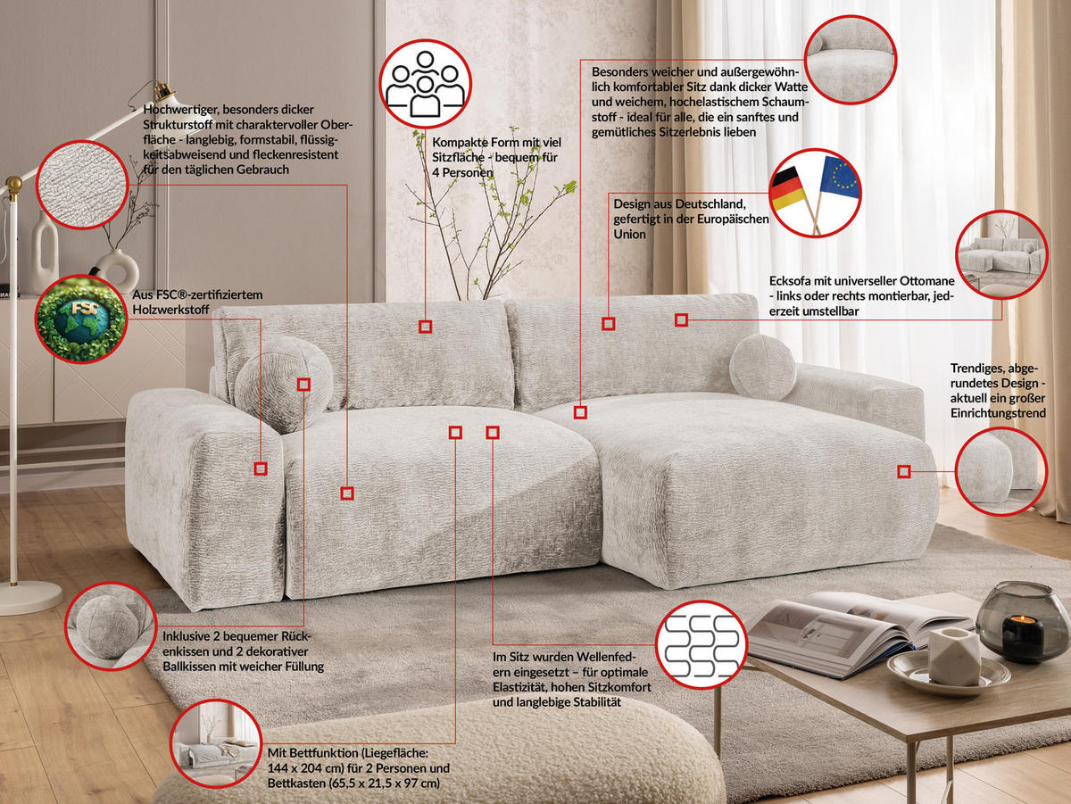 ECKSOFA Puffy mit Schlaffunktion und Bettkasten - besonders weich und puffig aus Beige Stoff mit Chenillestruktur - Ottomane rechts - Beige/Schwarz, Holz/Kunststoff (266/138cm) - S-Style Möbel