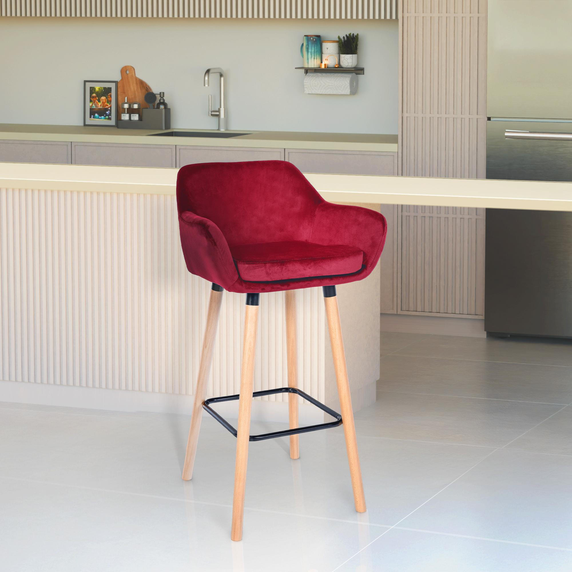 BARHOCKER 2er Set Samt rot - Eukalyptusholzfarben/Rot, Holz/Textil (51/101/50cm) - CLP