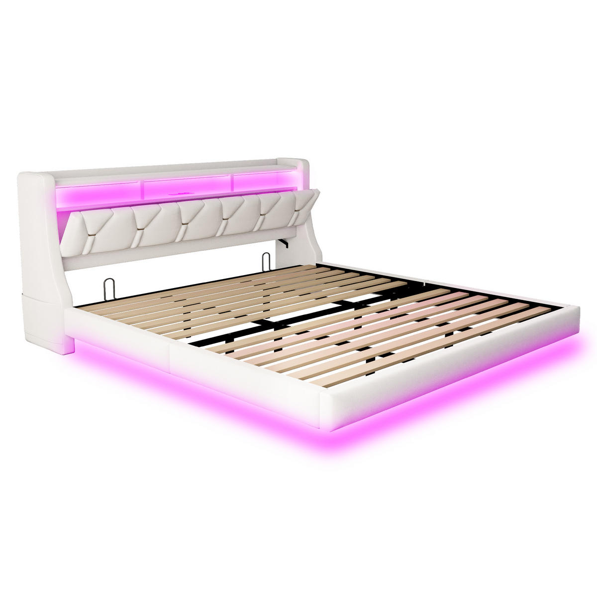POLSTERBETT 180/200 cm in Beige mit LED, USB, Type-C und Ablage Samt - Beige, Holzwerkstoff/Textil (180/200cm) - STILVORA