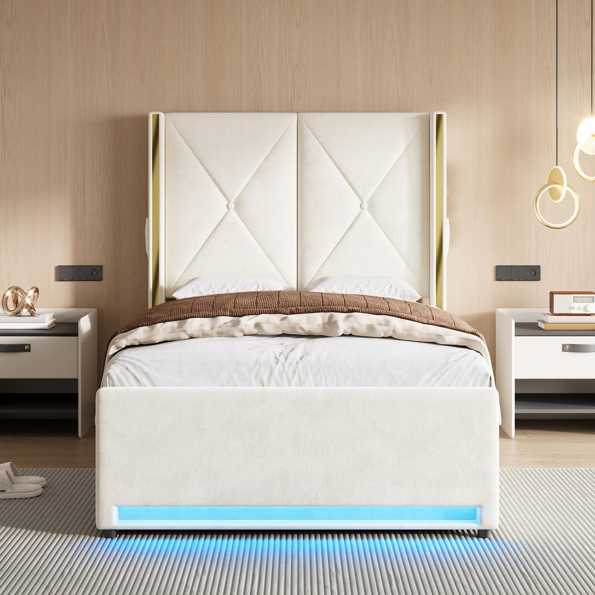 POLSTERBETT 90/200 cm in Beige mit Bettkasten, LED, USB und Type-C Samt - Beige, Holzwerkstoff/Textil (90/200cm) - STILVORA