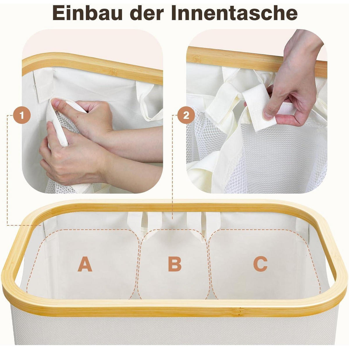 WÄSCHEKORB mit Deckel 145L 3 Fächer Beige - Beige, Textil (37/69/57cm)