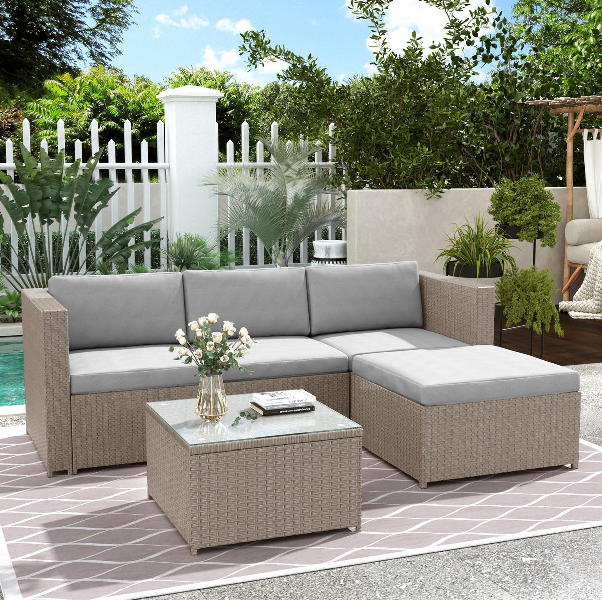 LOUNGE-SET 196/136/67 cm khaki aus Polyrattan und Stahl mit Couchtisch und Kissen - Beige, Metall - OKWISH
