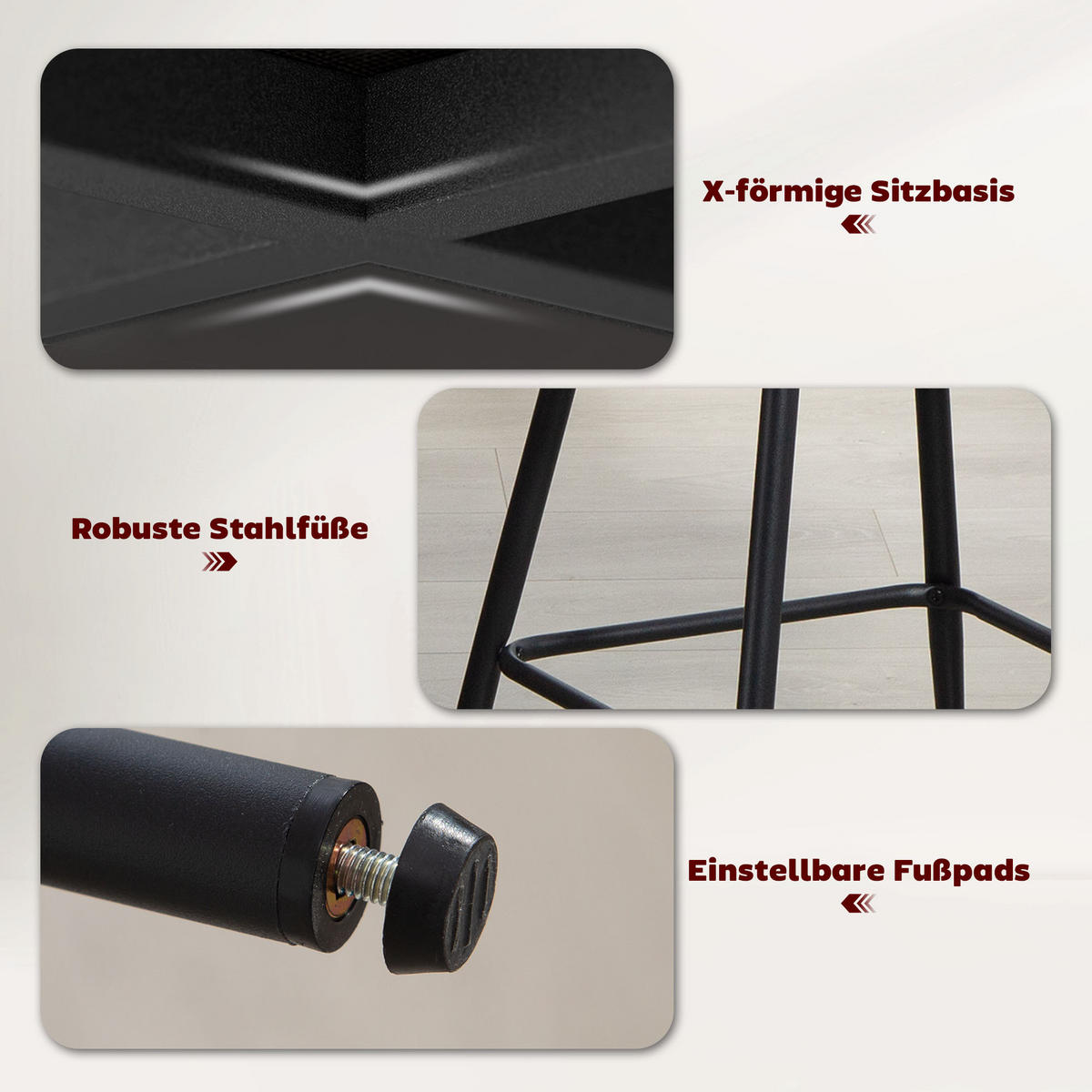 BARHOCKER 2er Set Barstuhl mit Fußstütze, Lehne, Sitzhöhe 68 cm, Beige - Beige/Schwarz, Textil (50/93/55cm) - HOMCOM