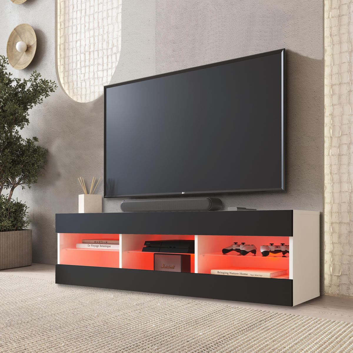 LOWBOARD TIVOLI RTV 140, Schwarz, LED Mehrfarbige - Schwarz/Weiß, Glas/Holzwerkstoff (140/40.5/35.5cm) - Komodee