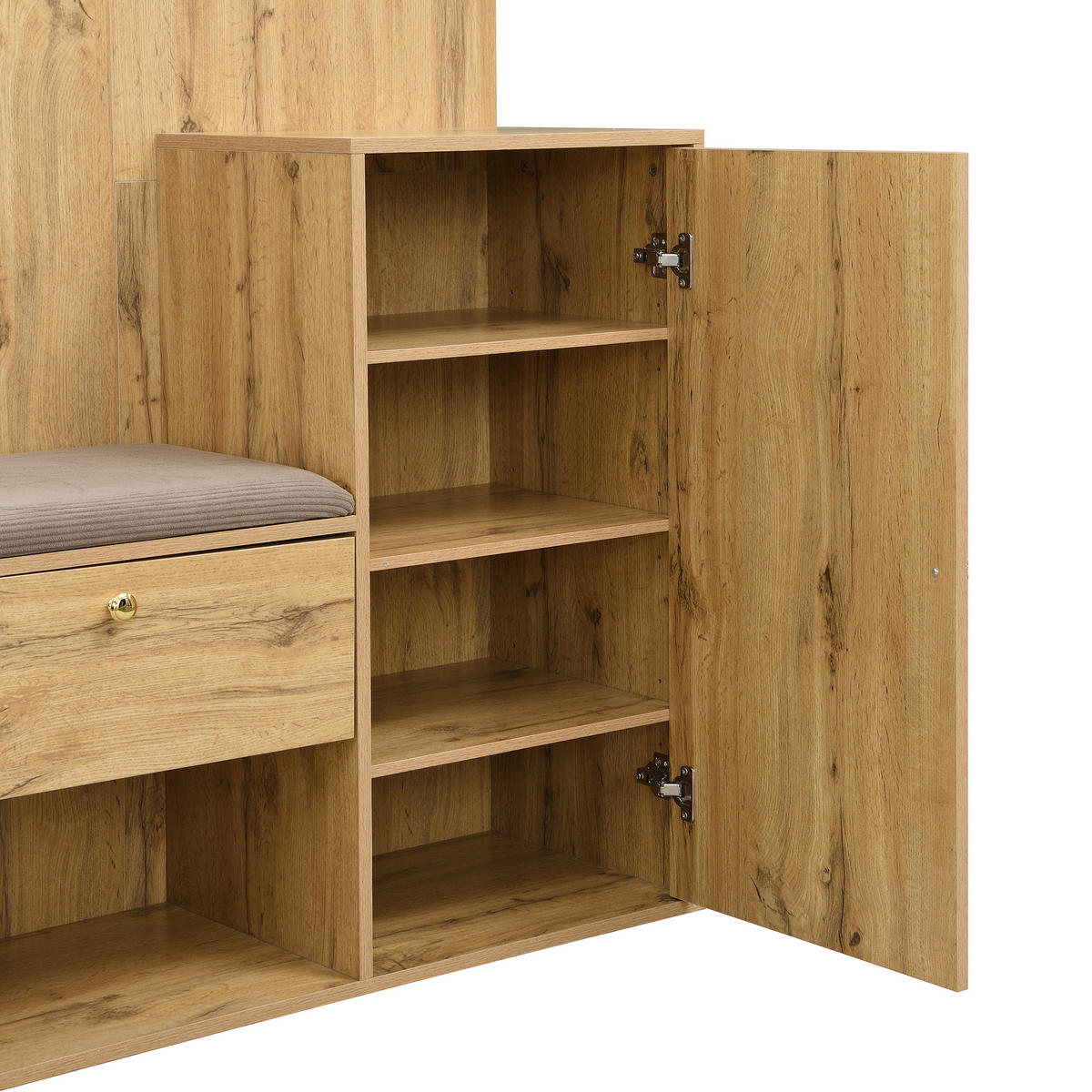 GARDEROBE-SET in Naturfarben Garderobenschrank mit Spiegel und Kissen für Eingangsbereich und Flur, B115/T37/H185 cm - Naturfarben, Glas/Holzwerkstoff (115/185/37cm) - STILVORA