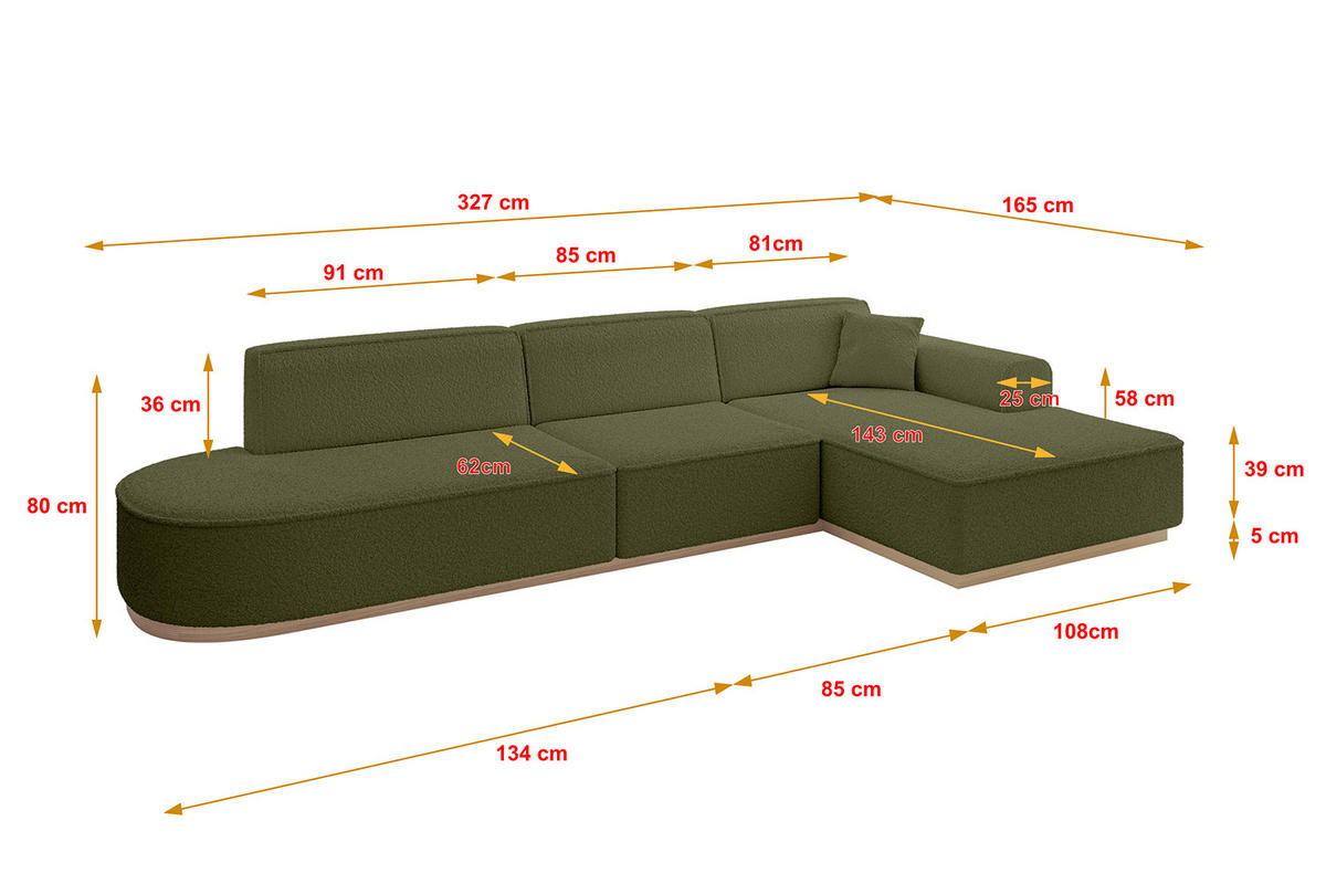 ECKSOFA Ottomane Rechts IREA-L2 - 327x165x80 cm Grün - Platinfarben, Holzwerkstoff/Textil (327/165cm) - ALTDECOR