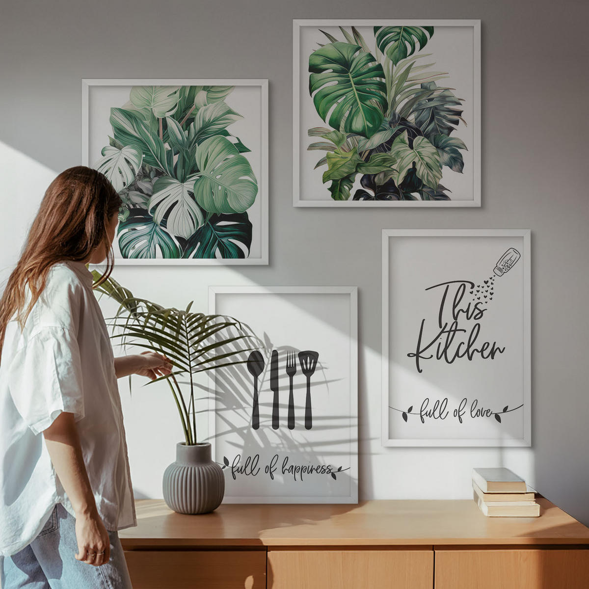 BILDER SET 4er Set - 50x50 cm & 40x60 cm Weißer Rahmen - Küchenutensilienmuster Blätter - Weiß, Kunststoff (50/50cm) - TULUP