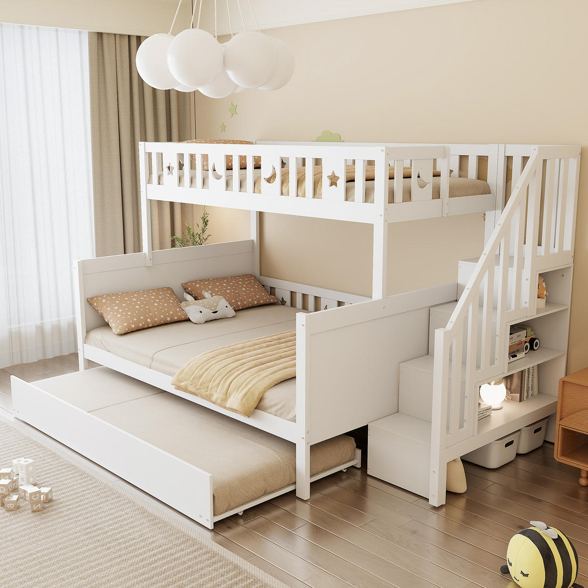 ETAGENBETT 90/200 cm & 140/200 cm in Weiß mit Rollbett und Regal - Weiß, Holz/Holzwerkstoff (90/200cm) - WISHDOR