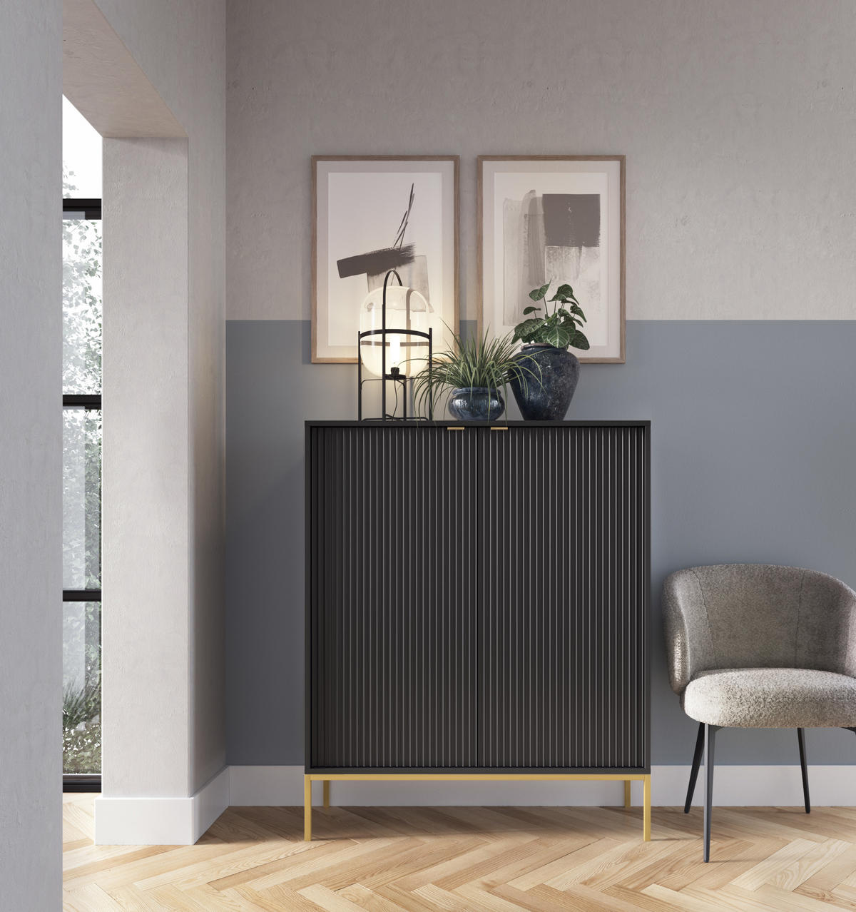HOCHKOMMODE NOVA Geriffelt, 2-Türen, KOMMODE Schwarz, Goldfüße 104x39x cm Schwarz - Goldfarben/Schwarz, Holzwerkstoff/Kunststoff (104/125/39cm) - DomoHome