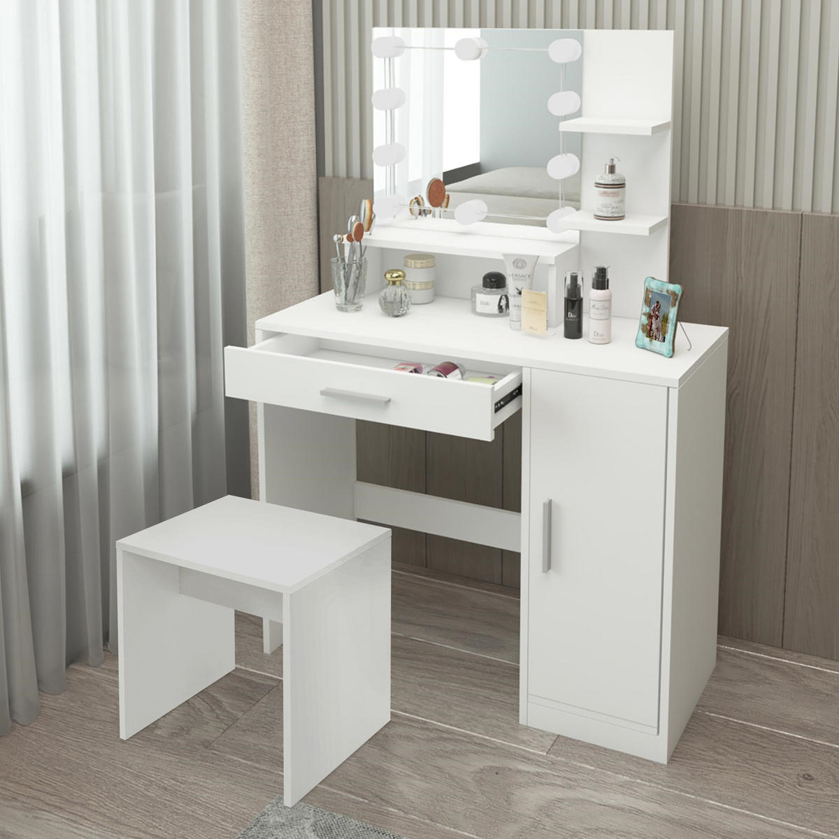 SCHMINKTISCH Weiß mit Hocker/LED-Beleuchtung 90x38x137 cm - Silberfarben/Weiß, Holzwerkstoff/Kunststoff (38/137/90cm) - ML-DESIGN