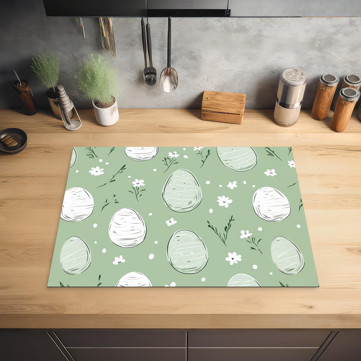 HERDABDECKPLATTE Grün - Eier - Muster Herdabdeckung Induktionsfeld 70x52 cm - Waldgrün, Kunststoff (70/52/0.2cm) - MuchoWow