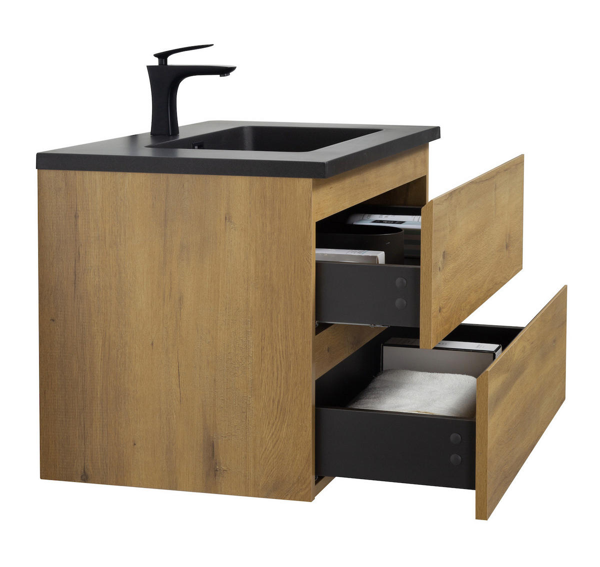 WASCHTISCHKOMBI Angela 2 Teile - Eiche Mit Schwarzem Waschbecken - 80 x 48 x 52 cm - Eichefarben/Schwarz, Holz (80/52/48cm) - Badplaats