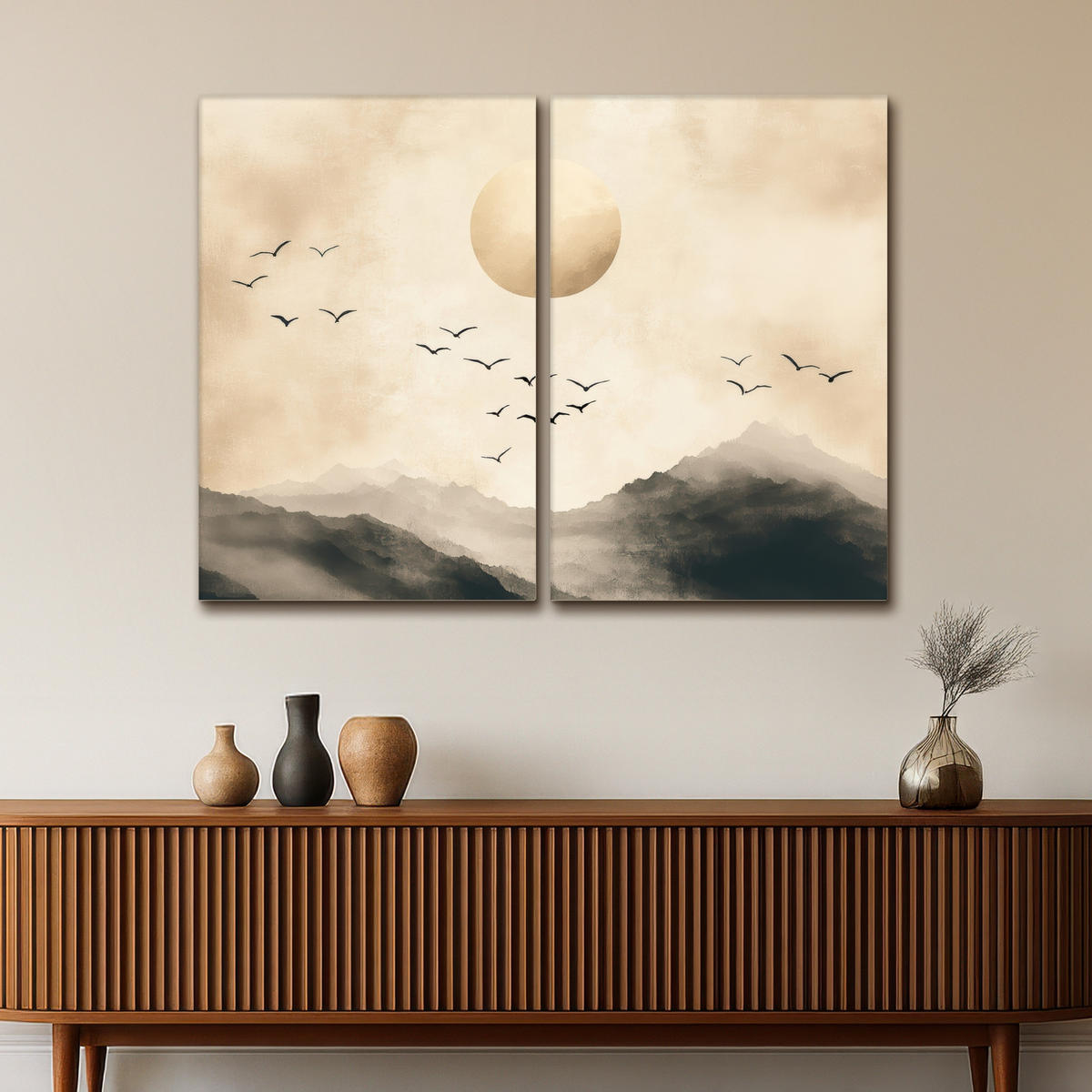 LEINWANDBILD 2er Set Landschaft - Japandi - Beige - Vögel 120x90 cm - Beige, Textil (120/90cm) - MuchoWow