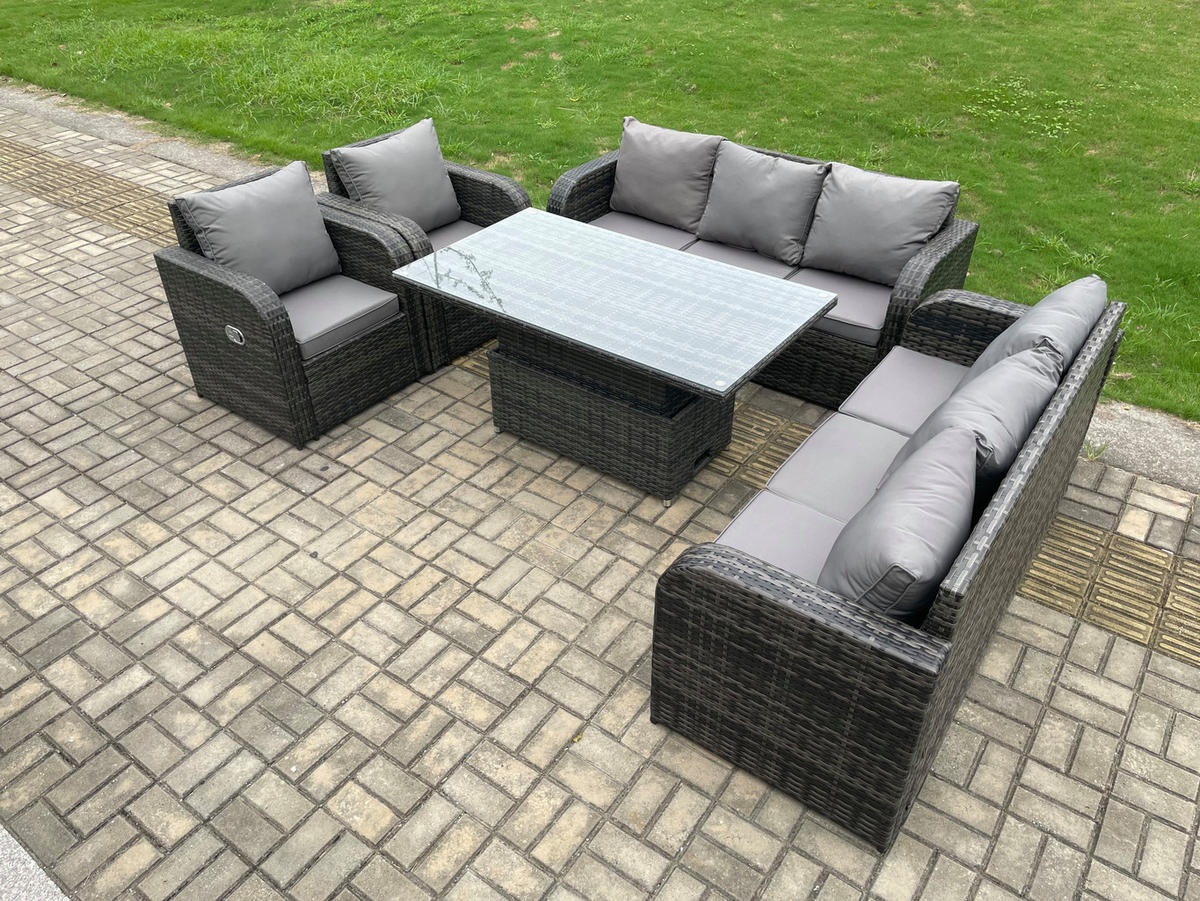 SITZGRUPPE GARTENSET Polyrattan Outdoor 8-Sitzer - Dunkelgrau/Grau, Glas/Kunststoff - Fimous