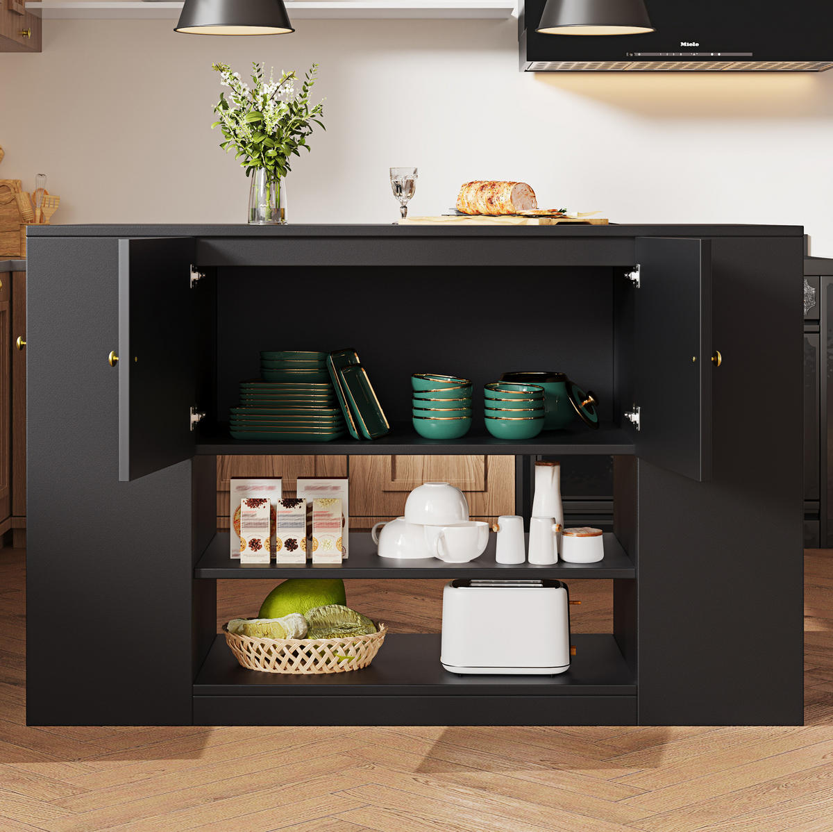 KÜCHENINSEL mit Klapptisch 140 x 40 x 90 cm Schwarz MDF - Schwarz, Holz (40/90/140cm) - Beauniv