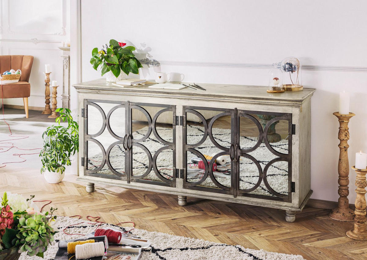 SIDEBOARD Mango 183x46x92 grau lackiert HERMITAGE #010 - Grau, Holz (183/92/46cm) - Massivmoebel24