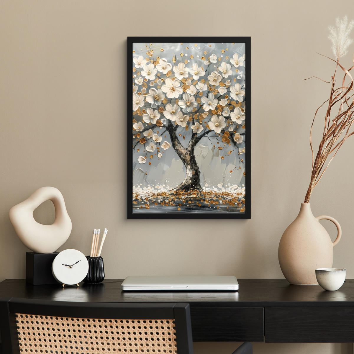 GERAHMTES BILD Baum - Blumen - Weiß - Natur - Kunst 40x60 cm - Weiß, Papier (40/60cm) - MuchoWow