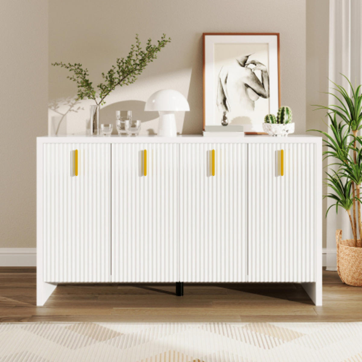 SIDEBOARD Weiß aus Spanplatte mit goldenen Griffen & verstellbaren Einlegeböden 140×38×80 cm - Weiß, Holzwerkstoff (140/80/38cm) - Luhomfu