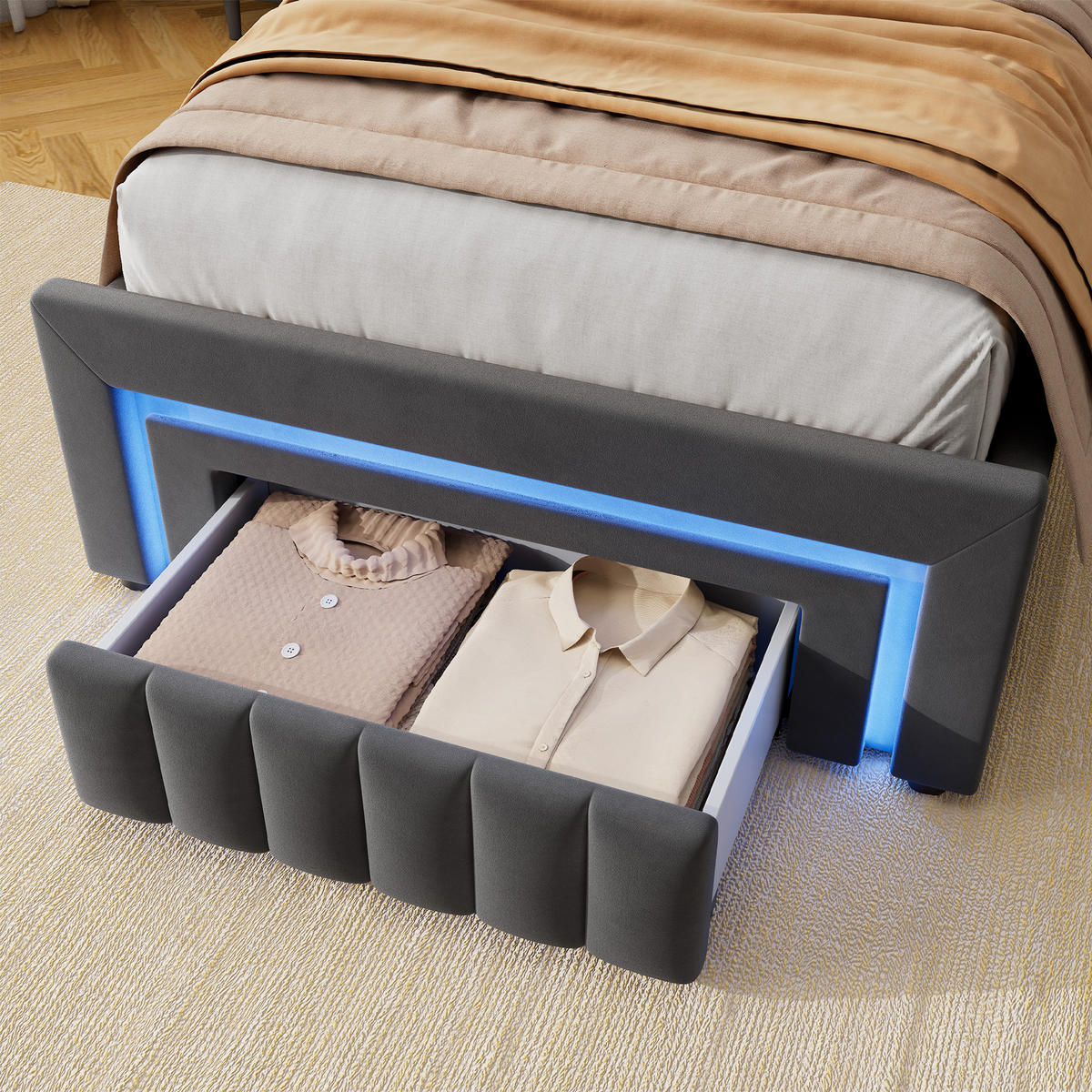 POLSTERBETT 90x190 Einzelbett mit Schubladen,mit LED Beleuchtung,Einzelbett mit Stauraum,Grau - Grau, Holzwerkstoff/Textil (90/190cm) - EVRYAE