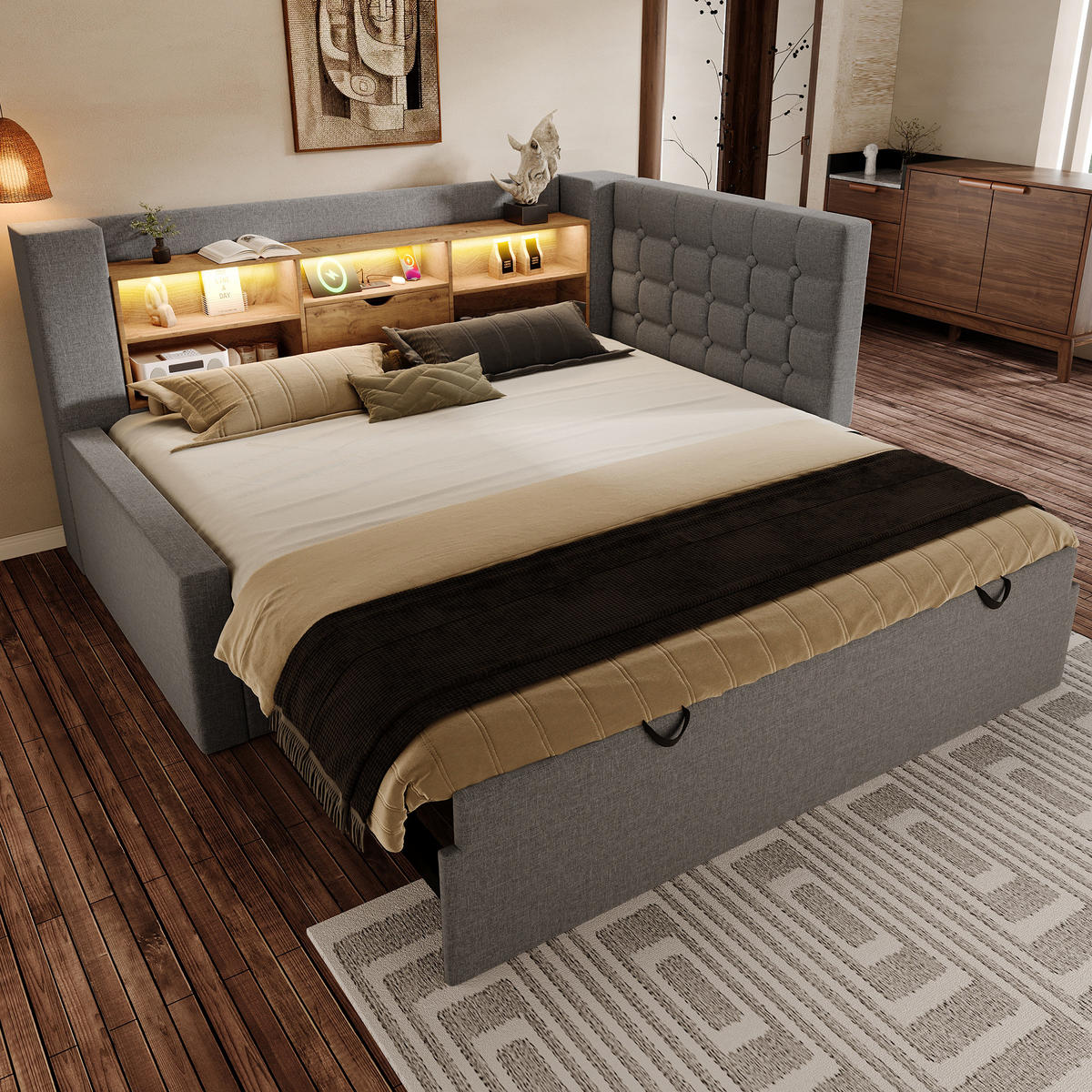 POLSTERBETT 90/200 cm mit Ausziehbett, LED-Beleuchtung, USB-Anschlüssen und Stauraum, Leinen/Metall, Grau - Grau, Textil (90/200cm) - Redom