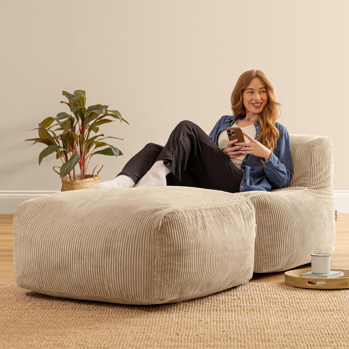 SITZSACK-SOFA 2-tlg.: Ecksessel, Fußstütze - Beige, Textil (185/46/95cm) - icon