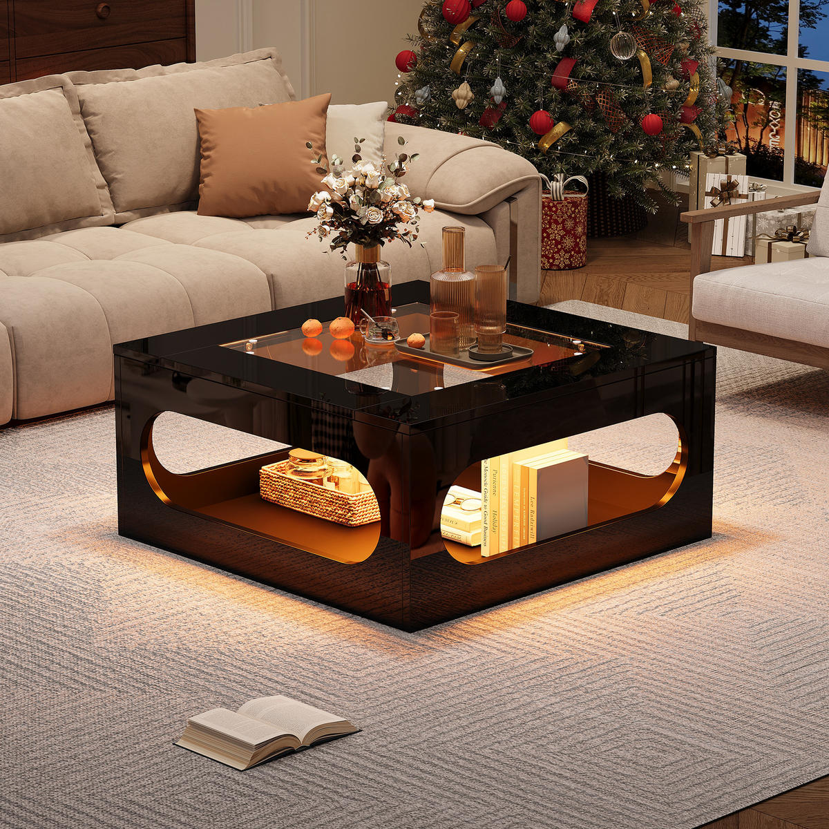COUCHTISCH LED Schwarz 70x70x35cm Glas Hochglanz MDF Stauraum - Schwarz, Holzwerkstoff (70/70/35cm) - FLIEKS